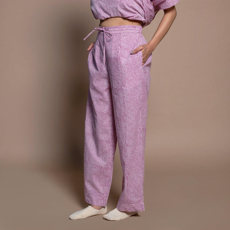 Left View of a Model wearing Wine Hand Block Print Cotton Comfy Pants