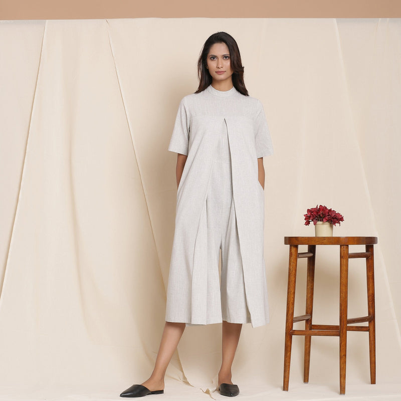 Front View of a Model wearing Cotton Cloudy Grey Box Pleated Jumpsuit