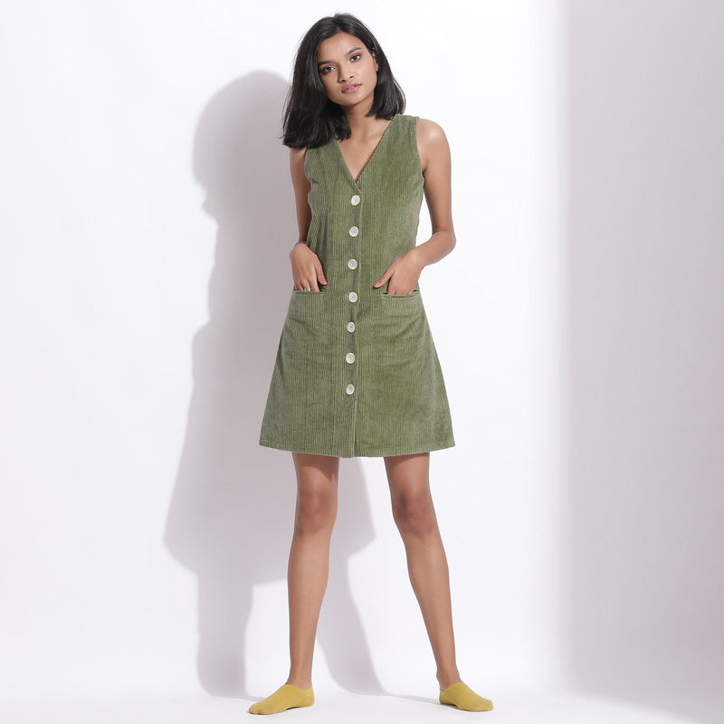 Front View of a Model wearing Green Warm Cotton Corduroy Sleeveless Short Dress
