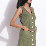 Front Detail of a Model wearing Green Warm Cotton Corduroy Sleeveless Short Dress