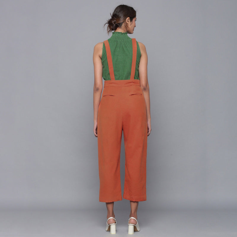 Back View of a Model wearing Cotton Corduroy High Neck Top and Dungaree Set