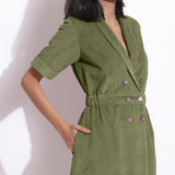 Front Detail of a Model wearing Cotton Corduroy Sage Green Coat Dress