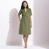 Front View of a Model wearing Cotton Corduroy Sage Green Coat Dress