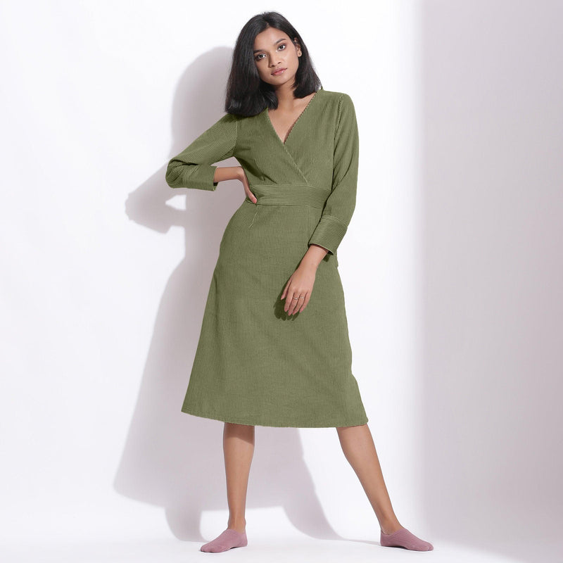 Front View of a Model wearing Cotton Corduroy Sage Green Surplice Dress