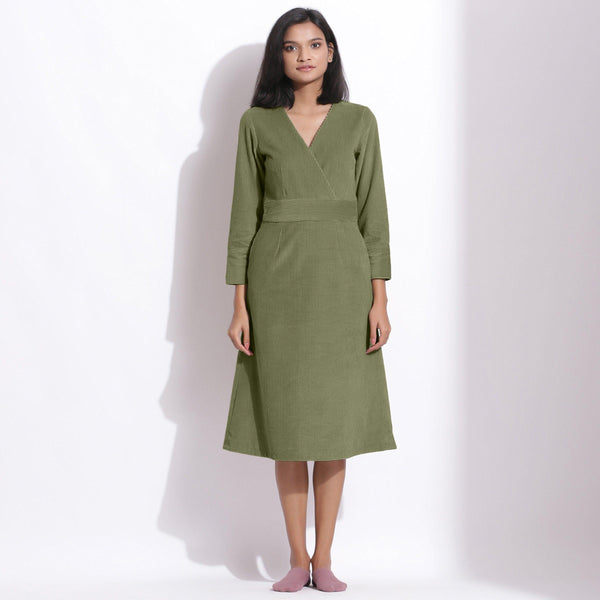 Front View of a Model wearing Cotton Corduroy Sage Green Surplice Dress