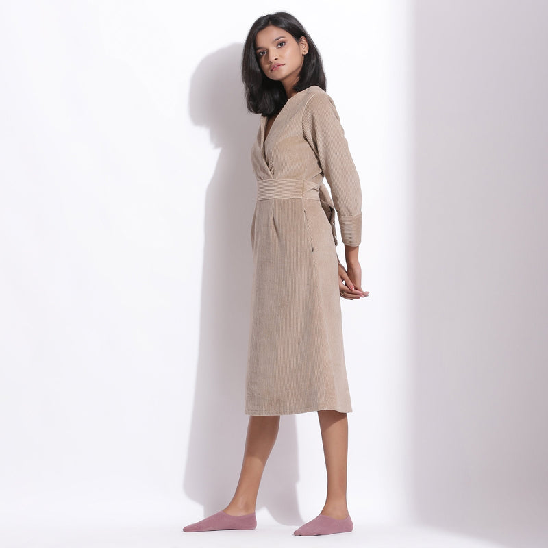 Left View of a Model wearing Taupe Beige Warm Cotton Corduroy Knee Length Dress
