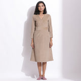 Front View of a Model wearing Taupe Beige Warm Cotton Corduroy Knee Length Dress