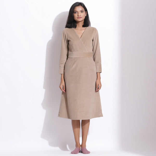 Front View of a Model wearing Taupe Beige Warm Cotton Corduroy Knee Length Dress