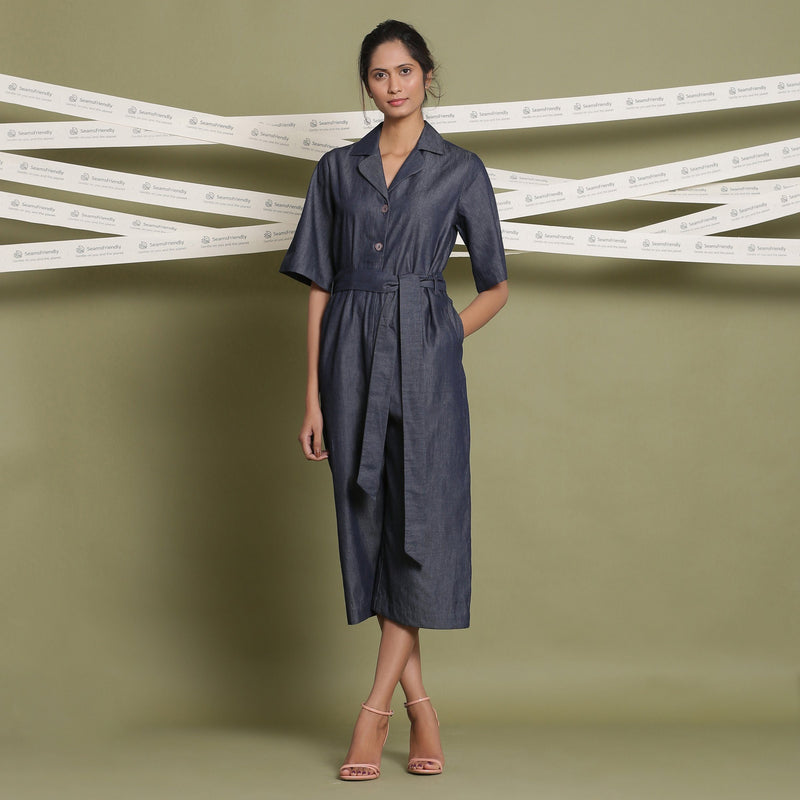 Front View of a Model wearing Cotton Denim Loose Fit Flared Jumpsuit