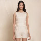 Front View of a Model wearing Dusk Beige 100% Cotton Striped Sleeveless Romper