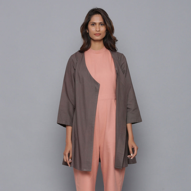 Front View of a Model wearing Ash Grey Relaxed Flannel Wrap Overlay
