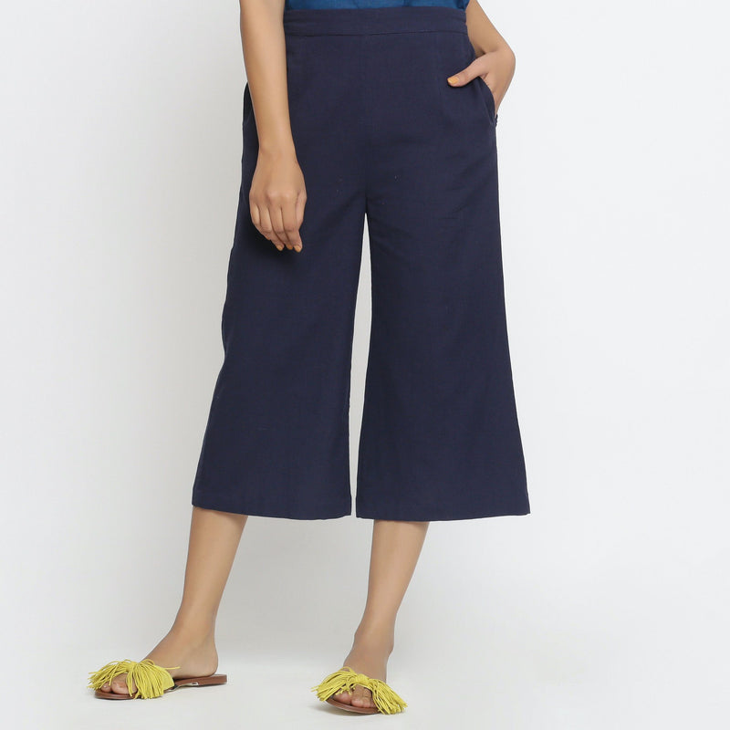 Front View of a Model wearing Solid Navy Blue Cotton Flax Culottes