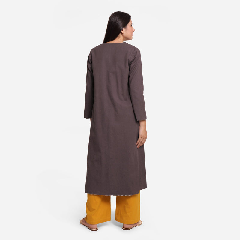 Back View of a Model wearing Cotton Flax Brown A-Line Jacket