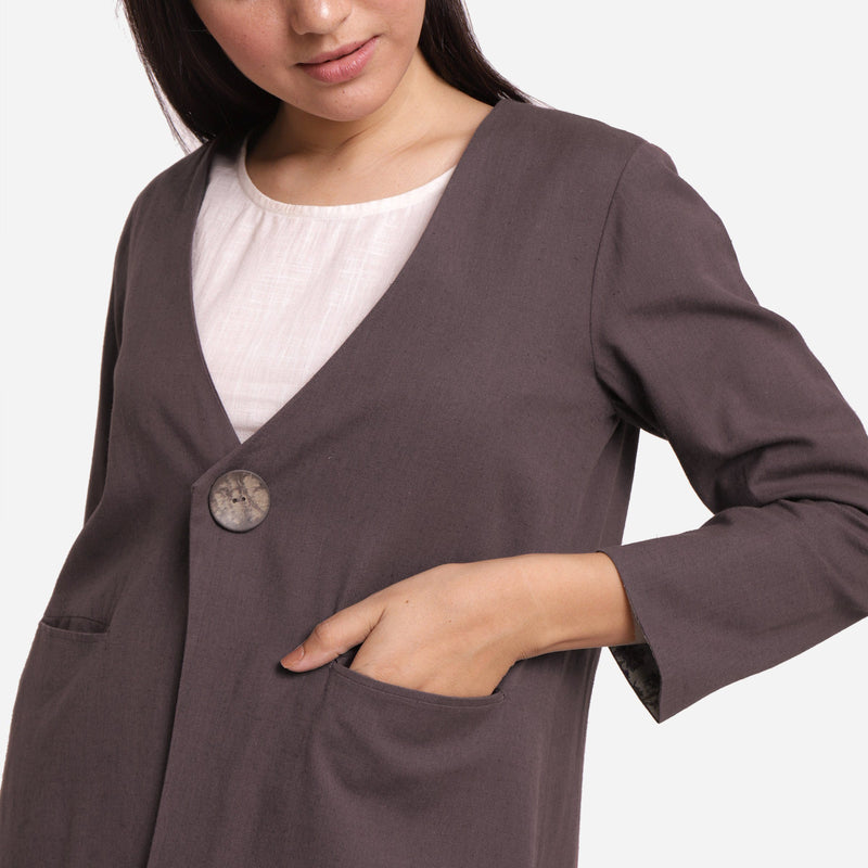 Front Detail of a Model wearing Cotton Flax Brown A-Line Jacket