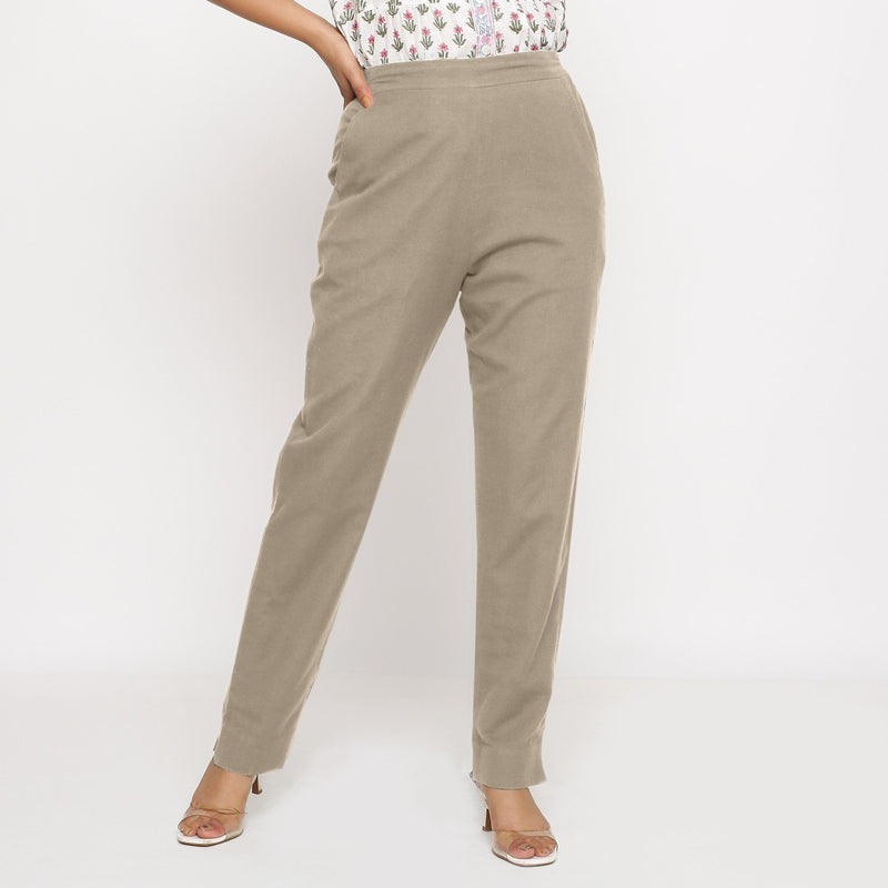 Front View of a Model wearing Cotton Flax Mid-Rise Beige Tapered Pant