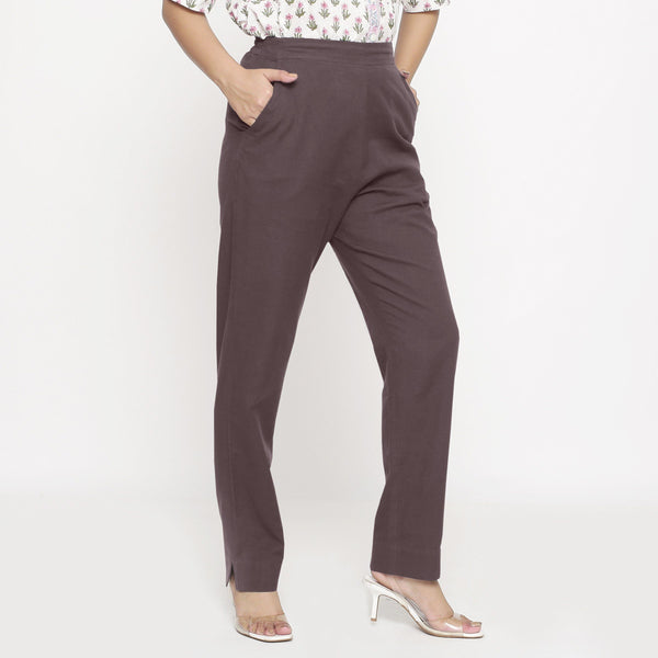 Right View of a Model wearing Cotton Flax Mid-Rise Brown Tapered Pant