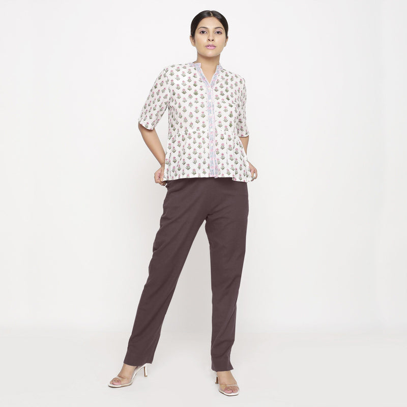 Front View of a Model wearing Cotton Flax Mid-Rise Brown Tapered Pant
