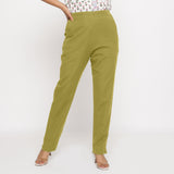 Front View Of a Model wearing Cotton Flax Mid-Rise Olive Green Tapered Pant