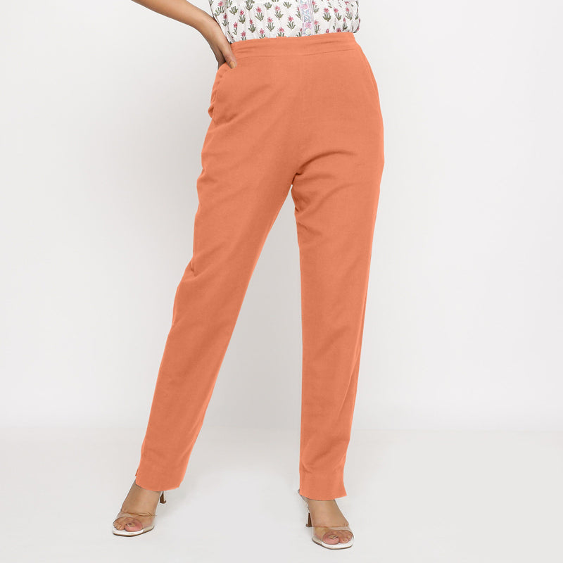 Front View of a Model wearing Cotton Flax Mid-Rise Peach Tapered Pant
