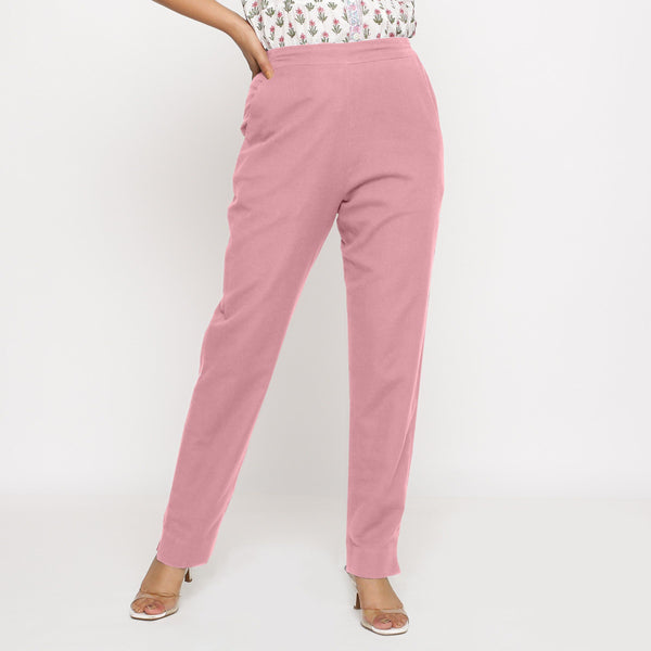 Front View of a Model wearing Cotton Flax Mid-Rise Pink Tapered Pant