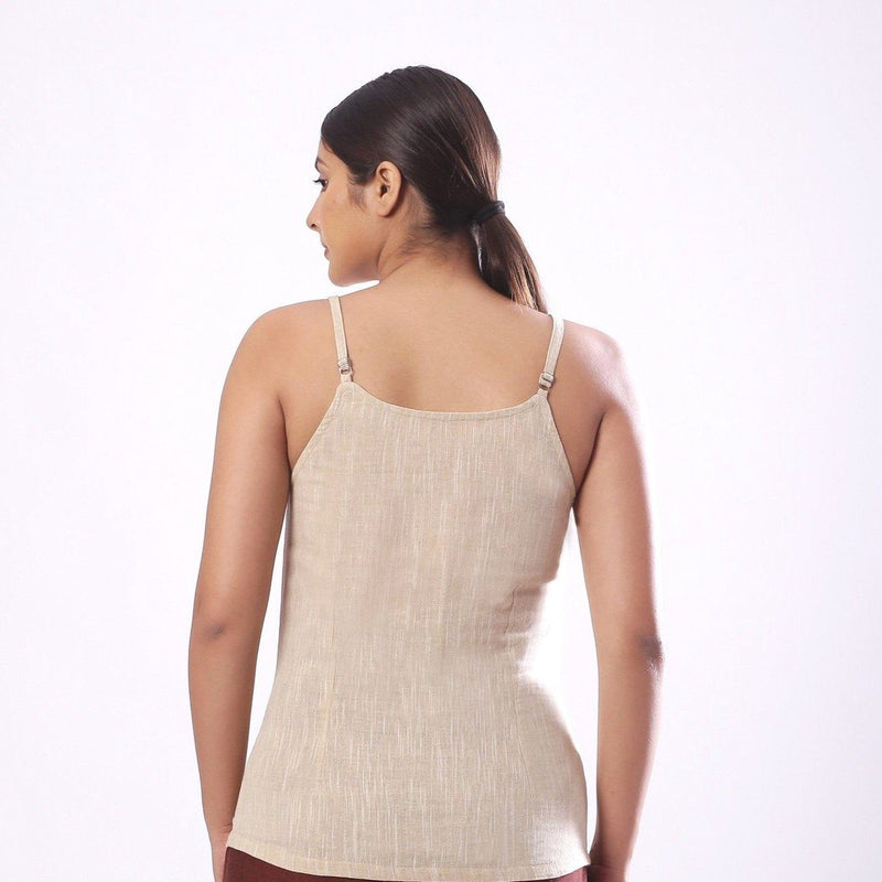 Back View of a Model wearing Solid Beige Cotton Flax Spaghetti Top