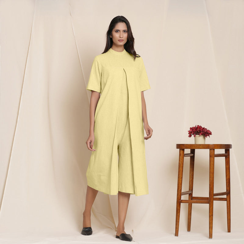 Front View of a Model wearing Cotton Lemon Yellow Box Pleated Jumpsuit