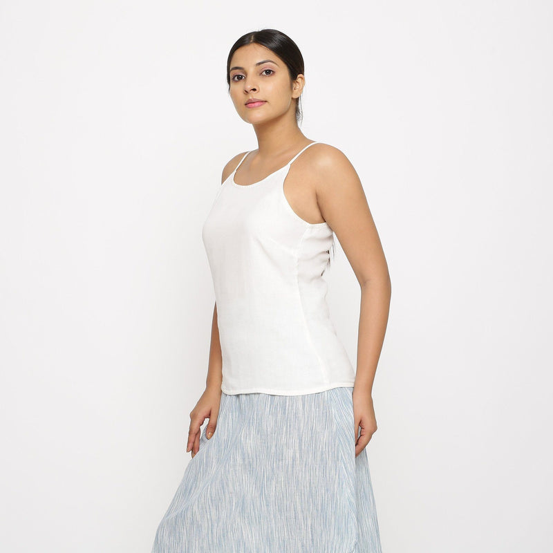 Left View of a Model wearing Solid White Cotton Moss Spaghetti Top
