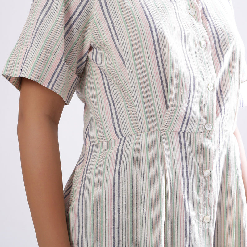 Front Detail of a Model wearing Handspun Cotton Muslin Button-Down Shirt Dress
