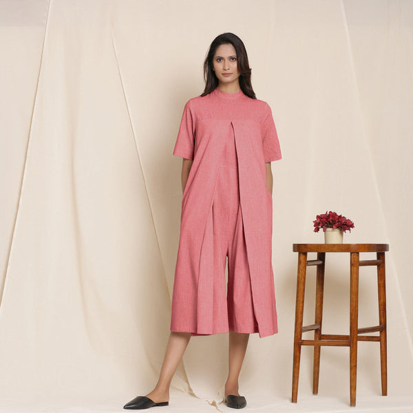 Front View of a Model wearing Cotton Red Box Pleated Jumpsuit