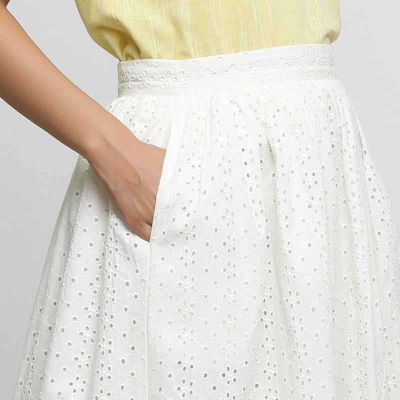 Right Detail of a Model wearing Off-White Cotton Schiffli Gathered Skirt