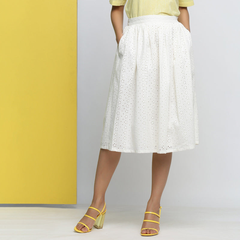 Front View of a Model wearing Off-White Cotton Schiffli Gathered Skirt