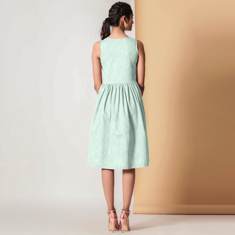 Back View of a Model wearing Cotton Sea Green Gathered Yoke Dress