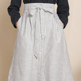 Front Detail of a Model wearing Grey 100% Cotton Striped High-Rise Paperbag Skirt