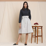 Front View of a Model wearing Grey 100% Cotton Striped High-Rise Paperbag Skirt