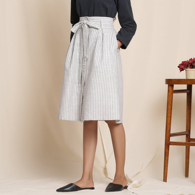 Left View of a Model wearing Grey 100% Cotton Striped High-Rise Paperbag Skirt
