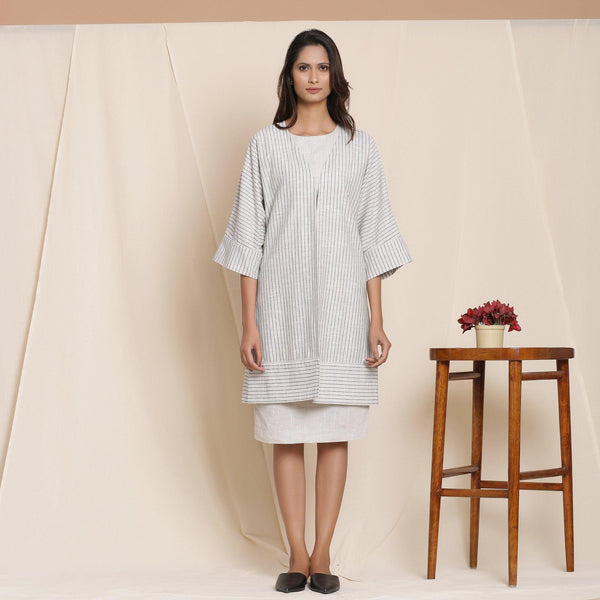 Front View of a Model wearing Grey Striped Cotton Front Open Paneled Overlay