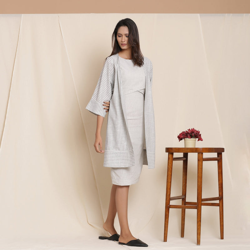 Right View of a Model wearing Grey Striped Cotton Front Open Paneled Overlay