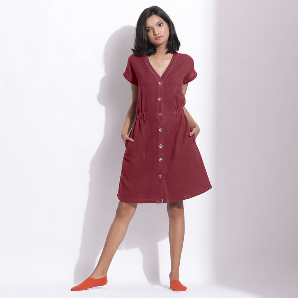 Front View of a Model wearing Cotton Waffle Barn Red Button-Down Dress