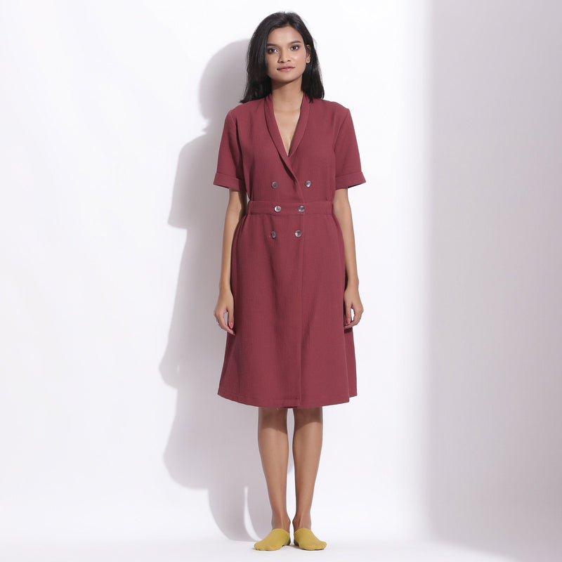 Front View of a Model wearing Barn Red Warm Cotton Waffle Knee Length Coat Dress