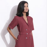 Front Detail of a Model wearing Barn Red Warm Cotton Waffle Knee Length Coat Dress
