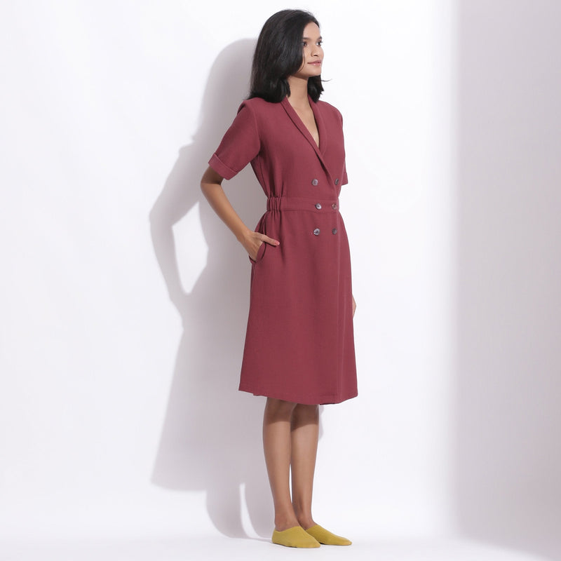 Right View of a Model wearing Barn Red Warm Cotton Waffle Knee Length Coat Dress
