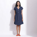 Front View of a Model wearing Cotton Waffle Navy Blue Button-Down Dress
