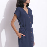 Front Detail of a Model wearing Cotton Waffle Navy Blue Button-Down Dress