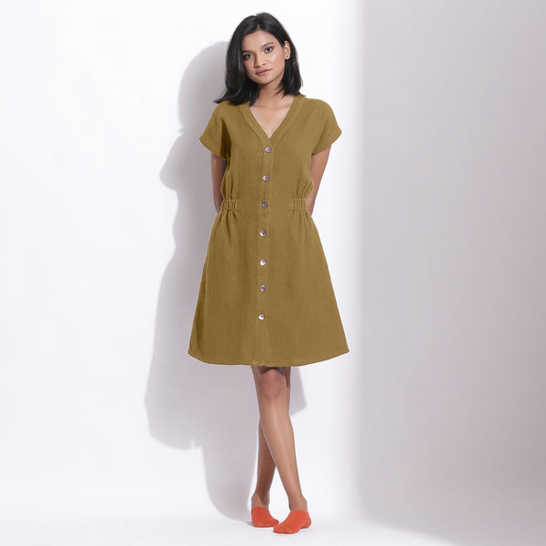Front View of a Model wearing Cotton Waffle Olive Green Button-Down Dress
