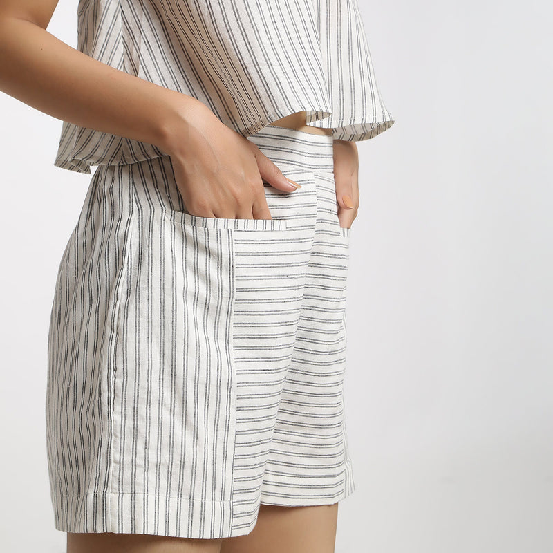 Right Detail of a Model wearing Handspun Cotton Striped Paneled Shorts