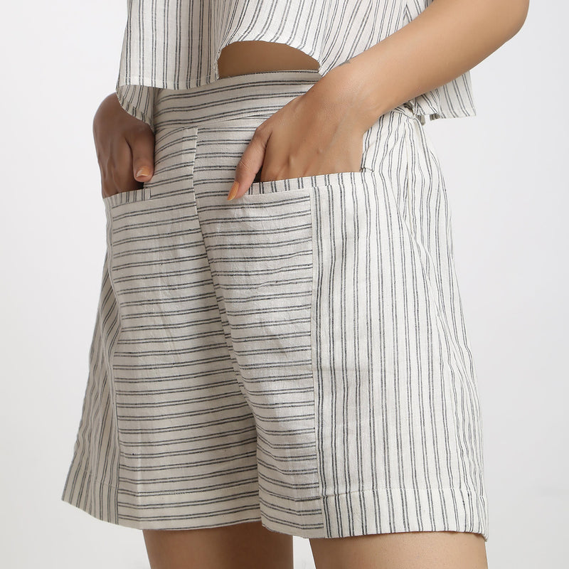 Left Detail of a Model wearing Handspun Cotton Striped Paneled Shorts