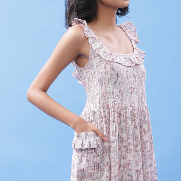 Front Detail of a Model wearing Crinkled Cotton Frilled Sleeveless Maxi Dress