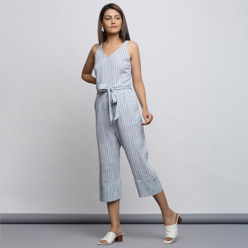 Left View of a Model wearing Crinkled Cotton Straight Fit Jumpsuit