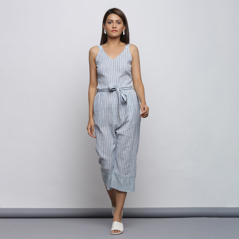 Front View of a Model wearing Crinkled Cotton Straight Fit Jumpsuit