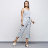 Right View of a Model wearing Crinkled Cotton Straight Fit Jumpsuit
